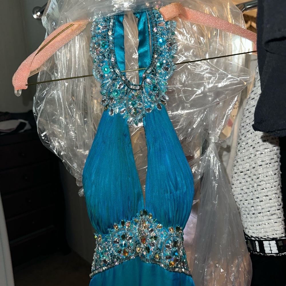 Cache Teal Halter Dress with Beaded Details